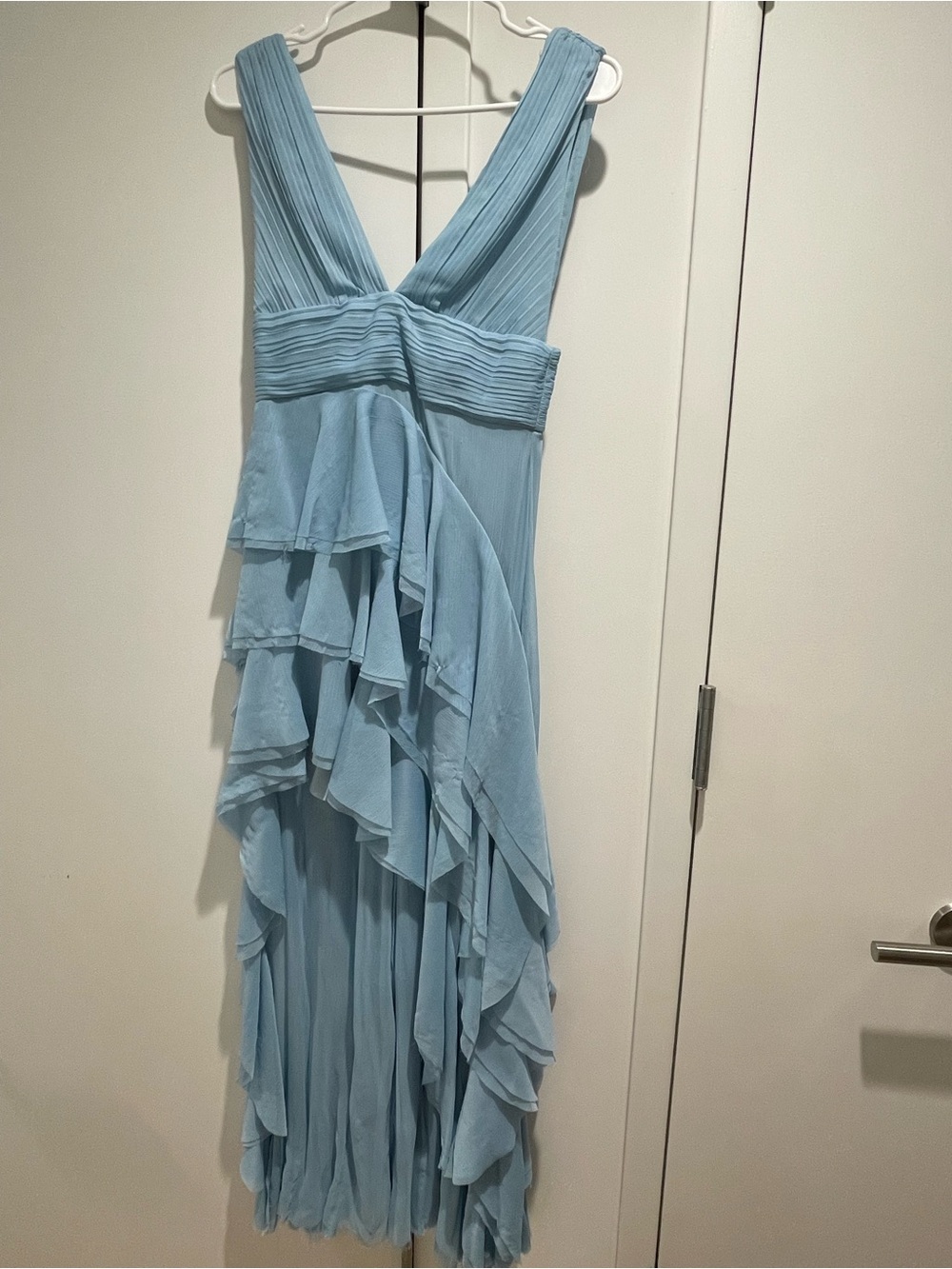 Alice + Olivia Sky Blue High-Low Ruffled V-Neck Dress
